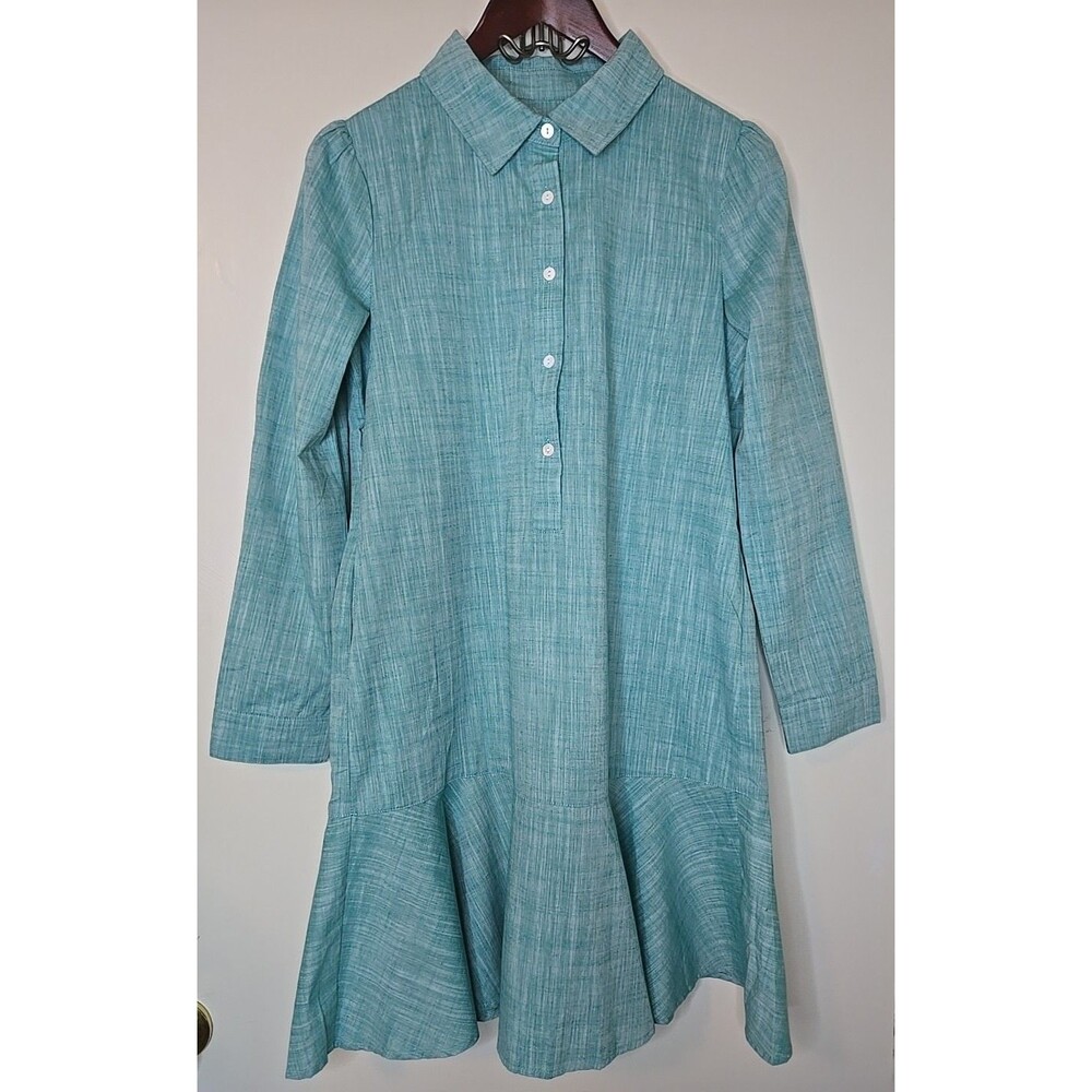 Coastal Sea Green Linen-Cotton Blend Ruffle Hem Shirt Dress Boho Chic Size S NWT